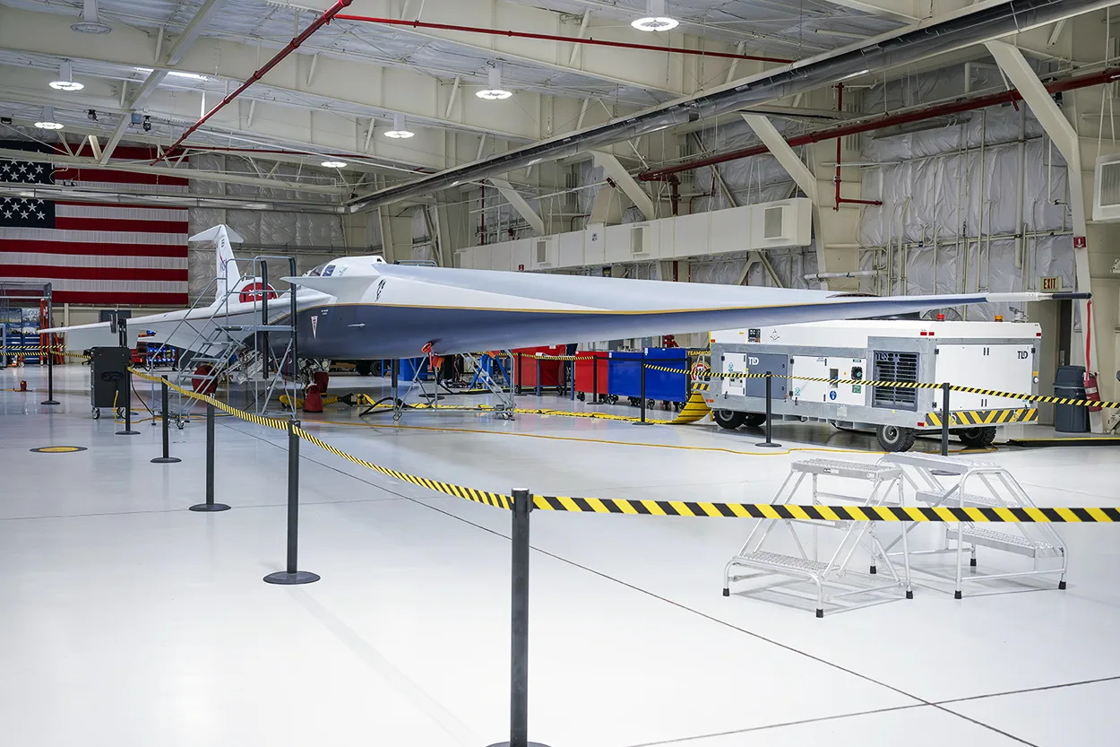 NASA X-59 research aircraft inside Hangar 4826